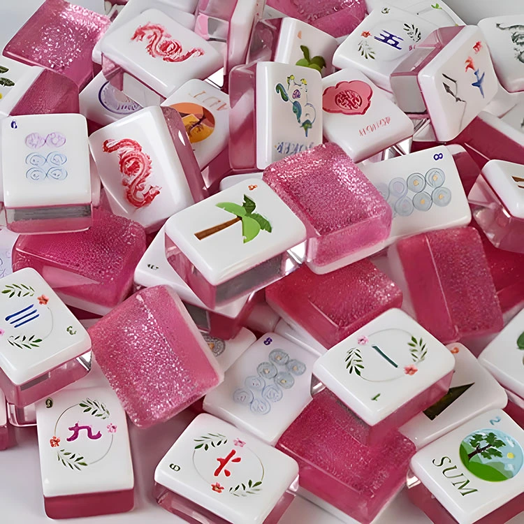 Jubin Mahjong Akrilik Berkilauan Merah Jambu